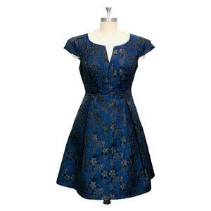 Lace & Mesh Blue Black Jacquard Fit and Flare Party Cocktail Dress Medium